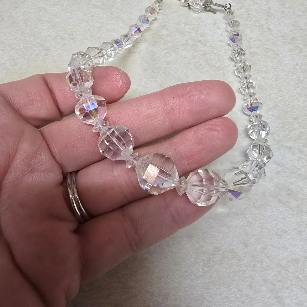 Vintage Aurora Borealis Crystal Bead Necklace AB‎ Spacers Laguna Hook Clasp 16